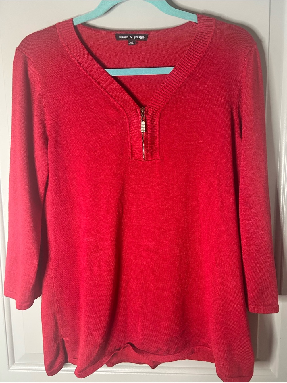 Cable & Gauge Red Zip V-Neck Pullover with three quarter sleeves.